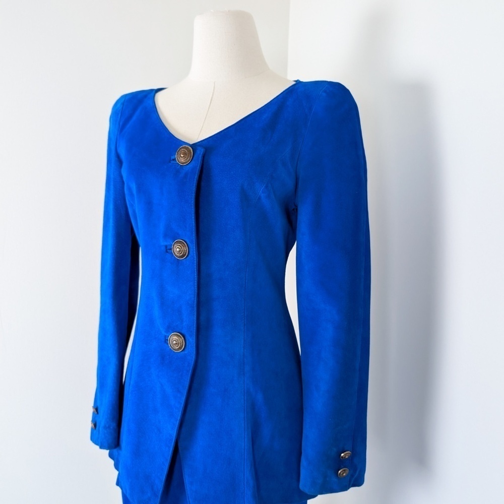 Danier Suede 2 Piece Blazer Skirt Set Size 4 Royal Blue Matching High Rise - Picture 4 of 15